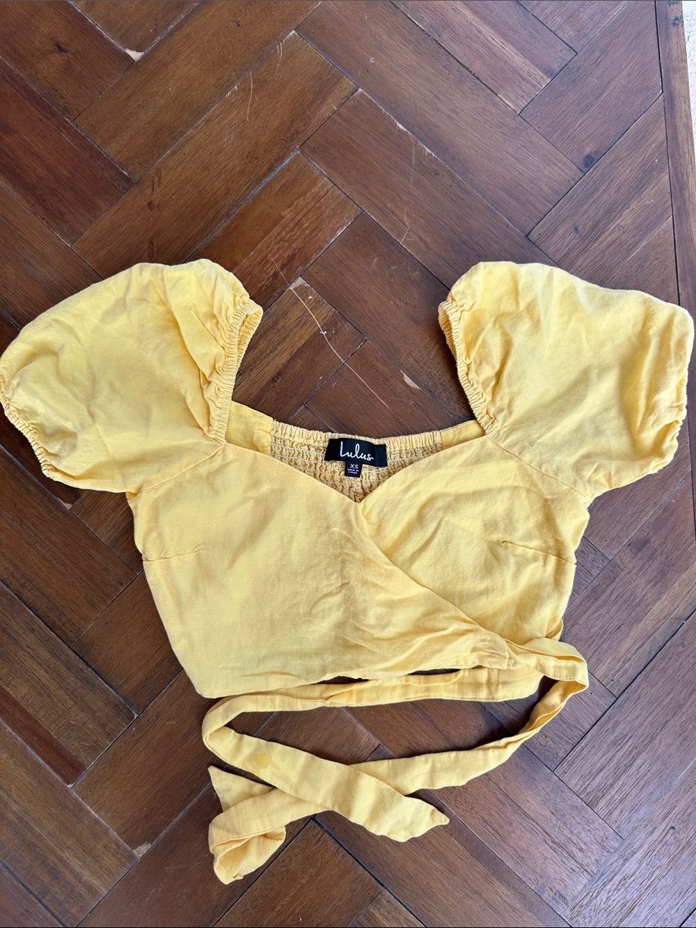 Lulu's Mustard Yellow Puff Sleeve Wrap Crop Top
